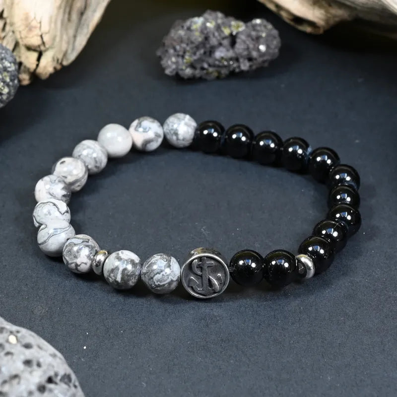 Bracelet Homme Onyx et Jaspe Gris - Maîtrise et Stabilité Marin