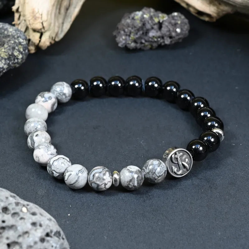 Bracelet Homme Onyx et Jaspe Gris - Maîtrise et Stabilité Marin