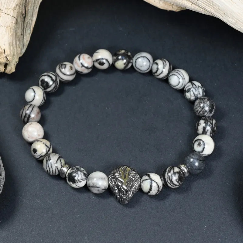 Bracelet Homme Jaspe Gris - Calme, Force et Leadership Lion