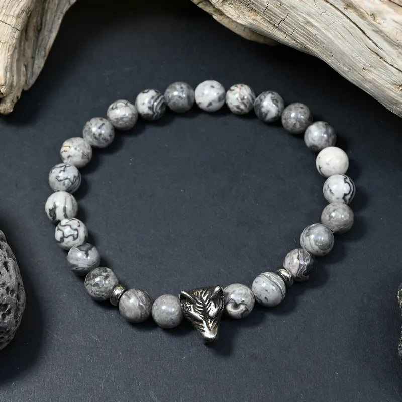 Bracelet Homme Jaspe Gris - Stabilité, Loyauté & Force Intérieure Loup