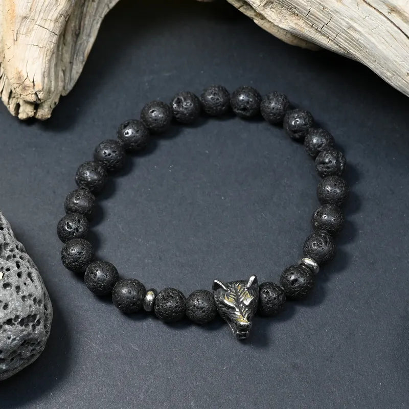Bracelet Homme Pierre de Lave - Ancrage, Instinct & Force Loup