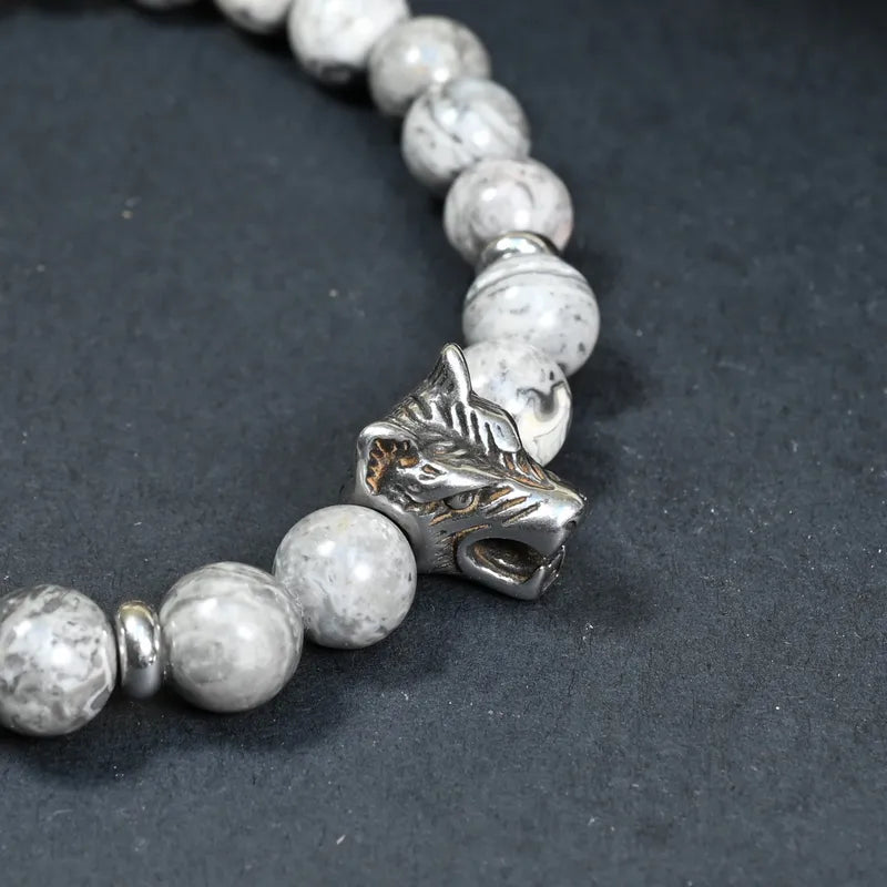 Bracelet Homme Jaspe Gris - Stabilité, Loyauté & Force Intérieure Loup