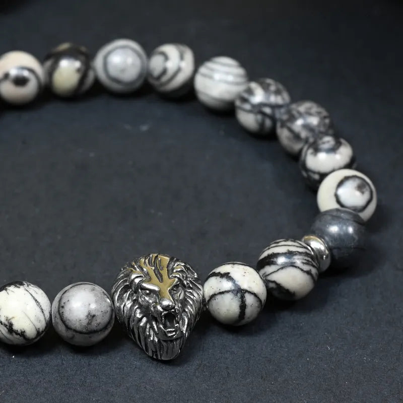 Bracelet Homme Jaspe Gris - Calme, Force et Leadership Lion