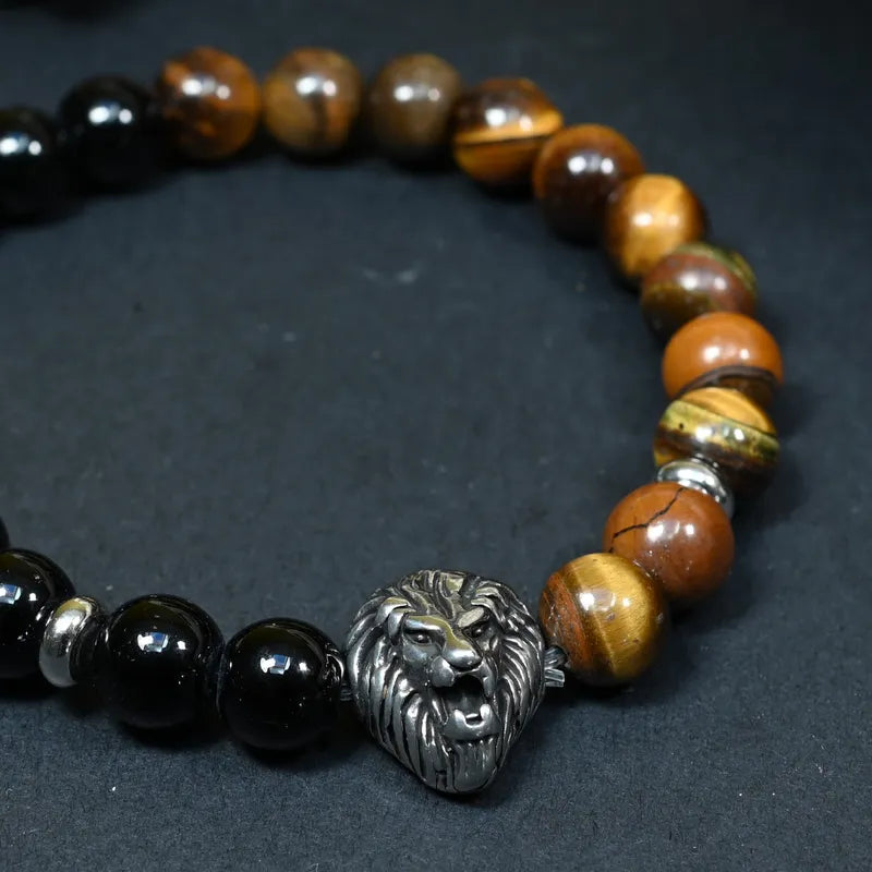Bracelet Homme Onyx & Oeil de Tigre - Force, Confiance & Maîtrise Lion