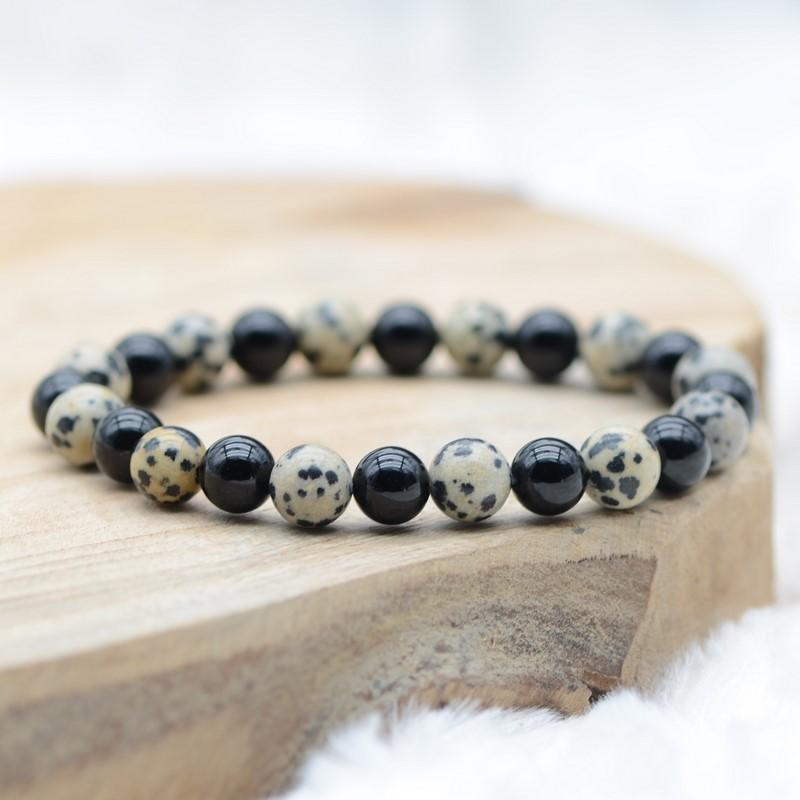 Bracelet "Force et Soulagement" Mix en Agate Noire & Jaspe Dalmatien - lespierresdubienetre