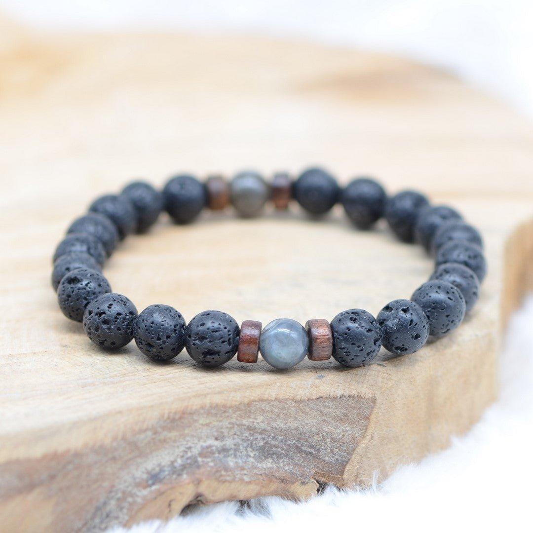 Bracelet Perles De Lave & Labradorite - Fait Main Sur Mesure - Pierre Naturelle & Bois