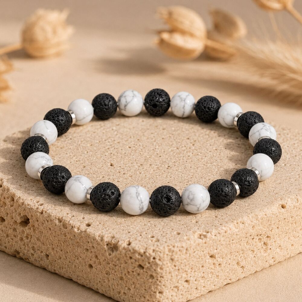 Bracelet "Anti-stress et force" en Howlite & Pierre de Lave