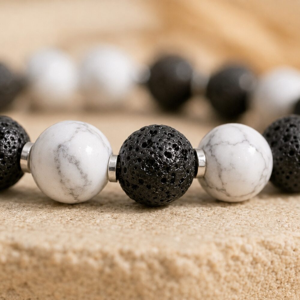 Bracelet "Anti-stress et force" en Howlite & Pierre de Lave