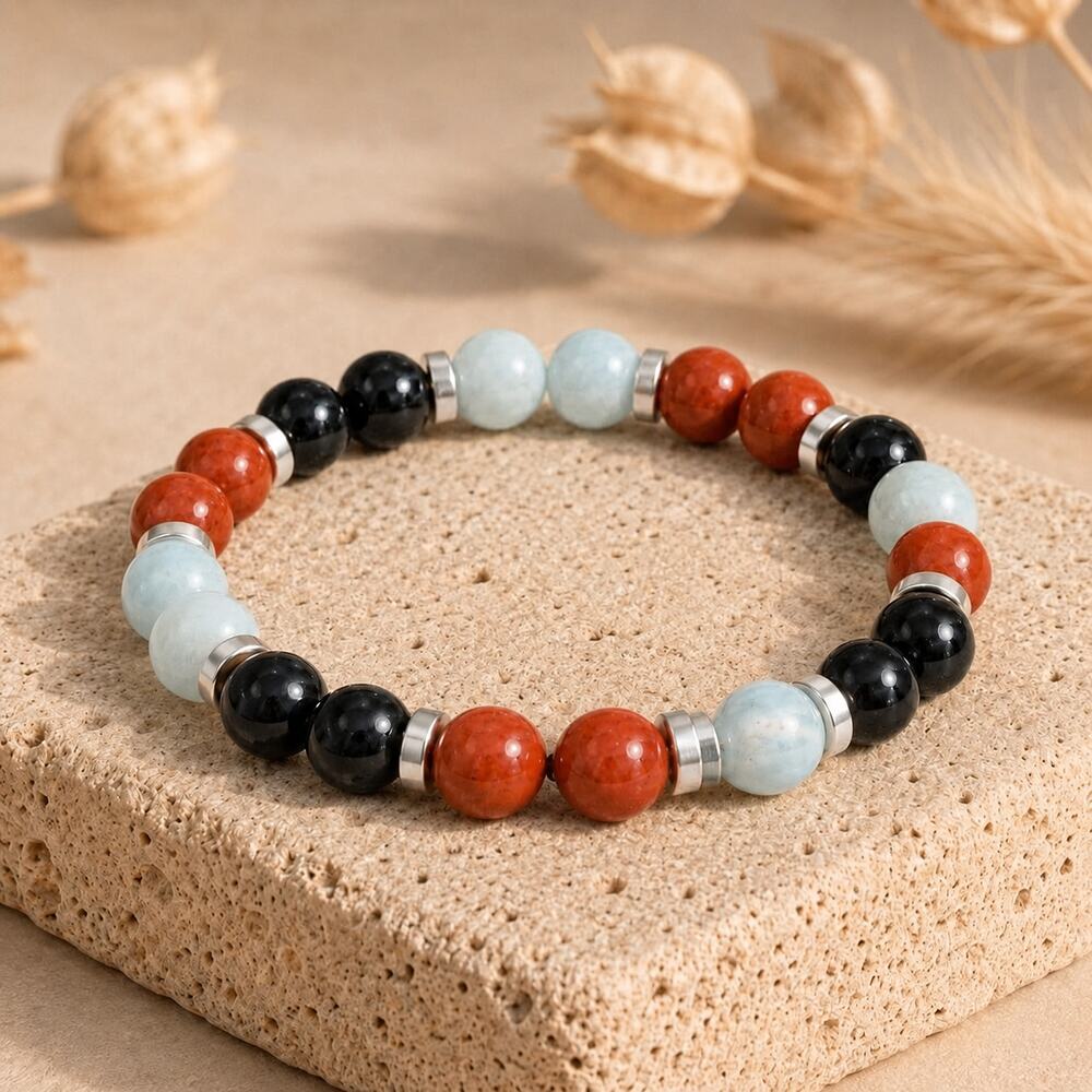 Bracelet "Protecteur, Énergie et Équilibre" en Jaspe Rouge, Amazonite & Tourmaline Noire
