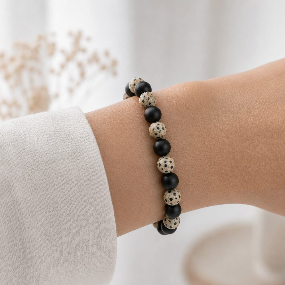 Bracelet "Minceur" Mix en Agate Noire & Jaspe Dalmatien