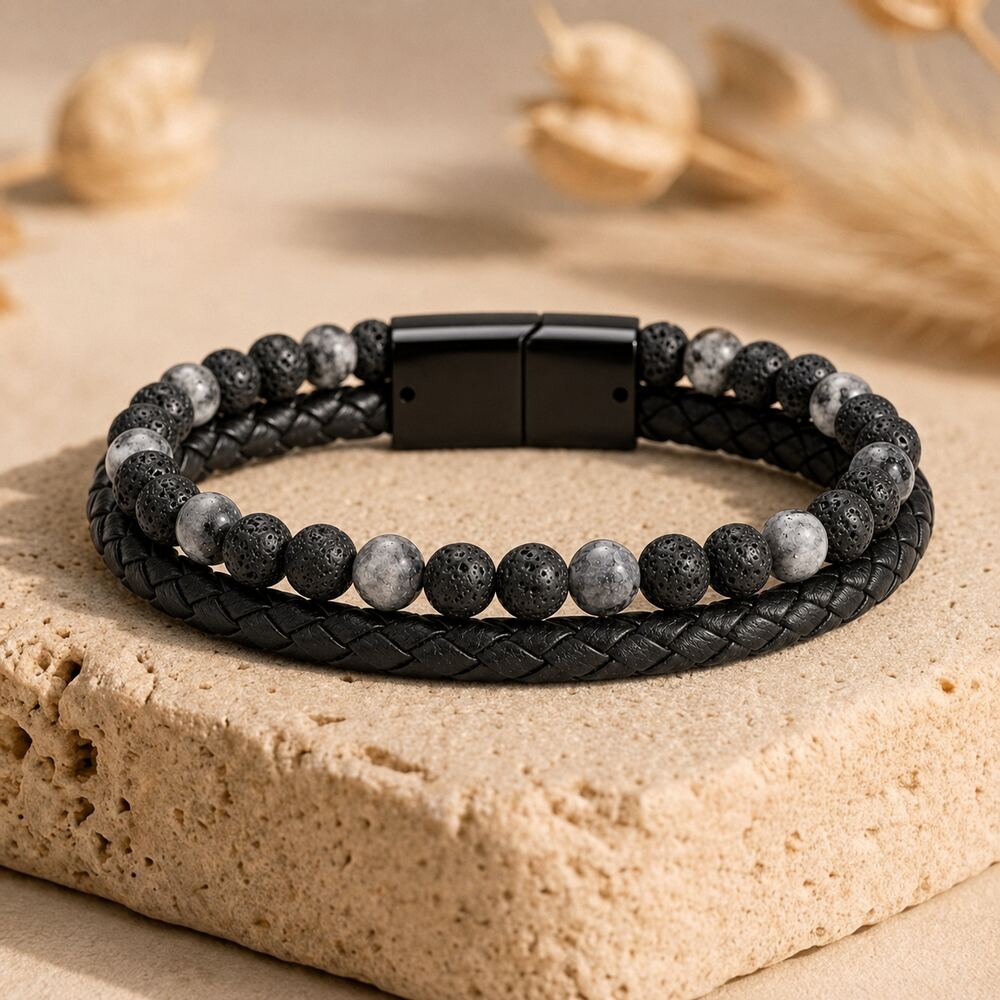 Bracelet "Relaxation & Reconstruction" en Larvikite & Pierre de Lave Tressé Homme