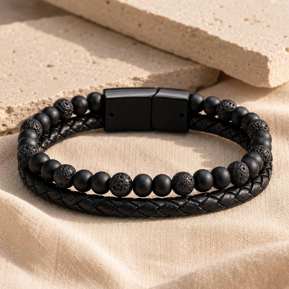 Bracelet "Reconstruction & Force" en Pierre de Lave & Agate Noire Tressé Homme