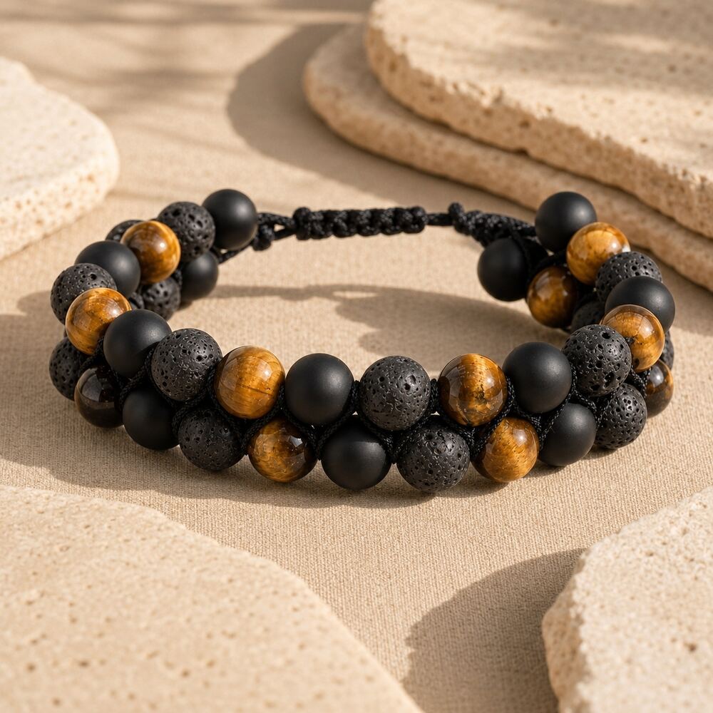 Bracelet "Confiance, Force & Reconstruction" en Oeil de Tigre, Pierre de Lave & Agate Noire - Homme