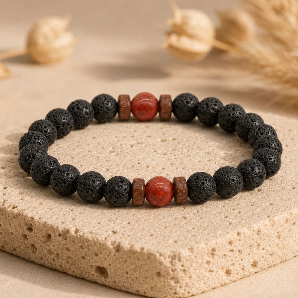 Bracelet "Protecteur & Reconstruction" en Jaspe Rouge & Pierre de Lave Homme