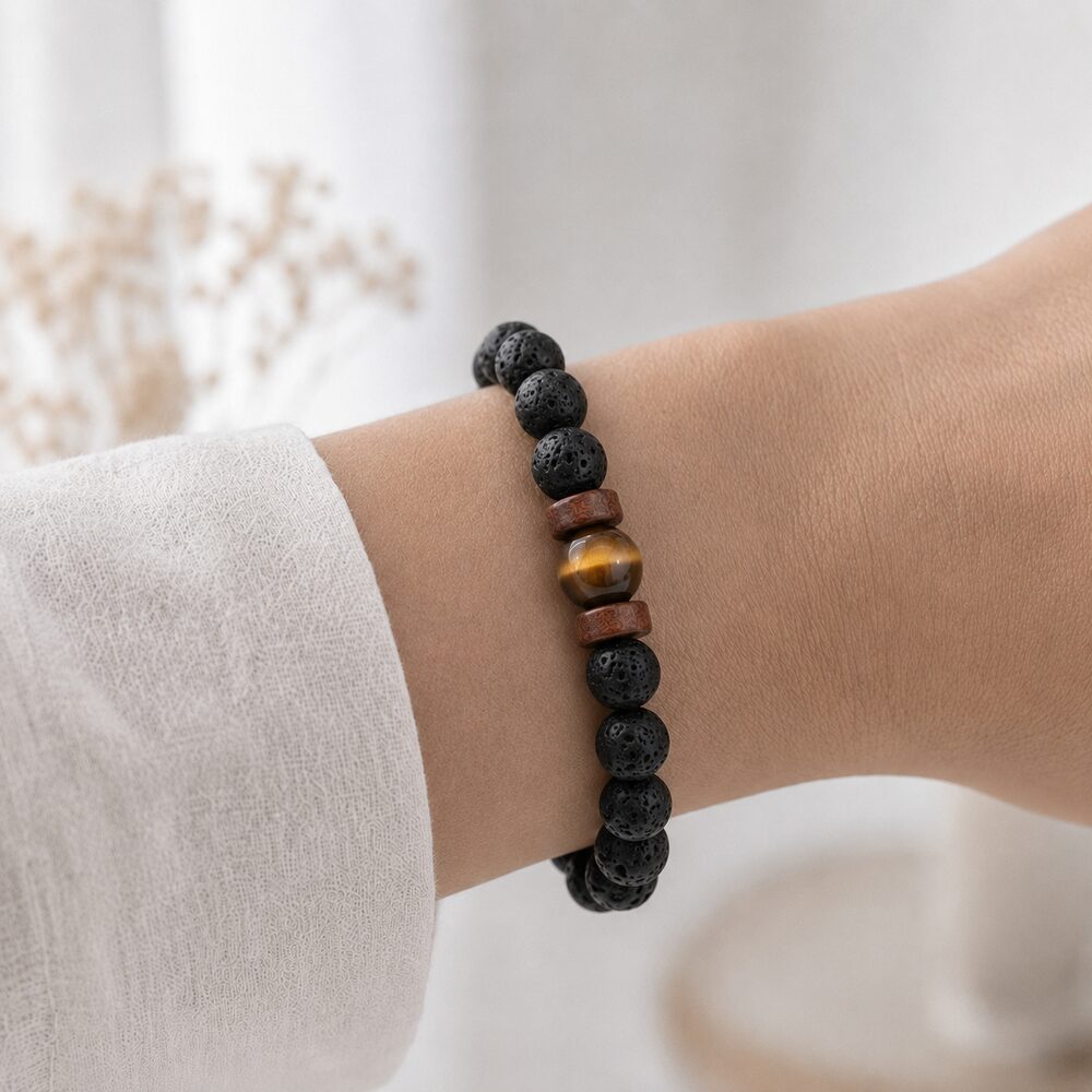 Bracelet "Confiance & Reconstruction" en Oeil de Tigre & Pierre de Lave Homme