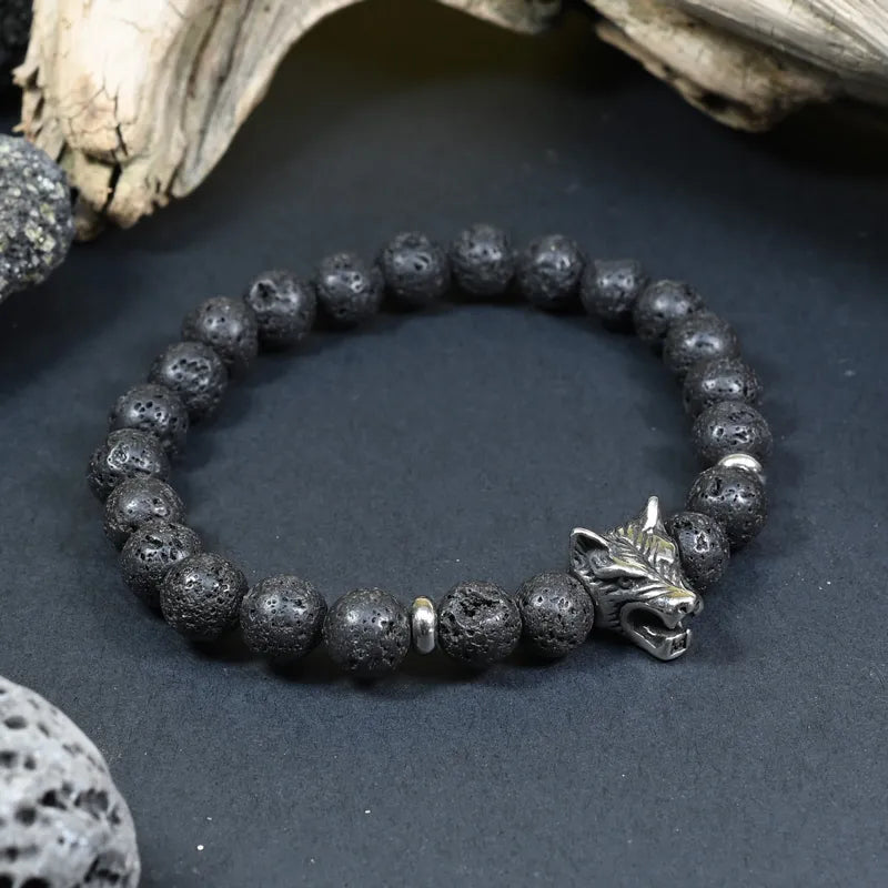 Bracelet Homme Pierre de Lave - Ancrage, Instinct & Force Loup
