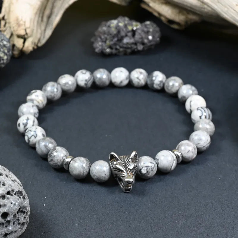 Bracelet Homme Jaspe Gris - Stabilité, Loyauté & Force Intérieure Loup