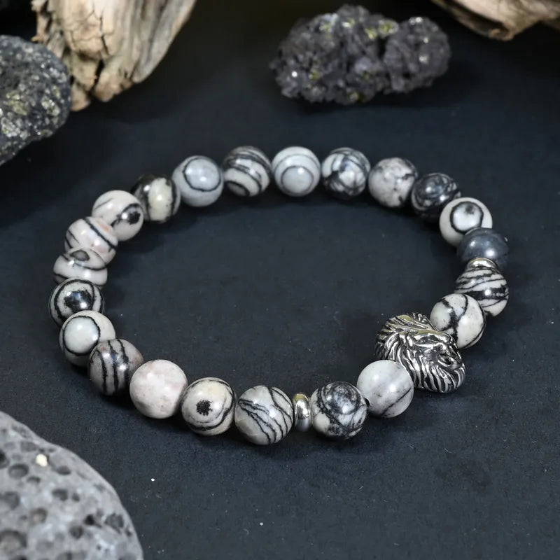 Bracelet Homme Jaspe Gris - Calme, Force et Leadership Lion