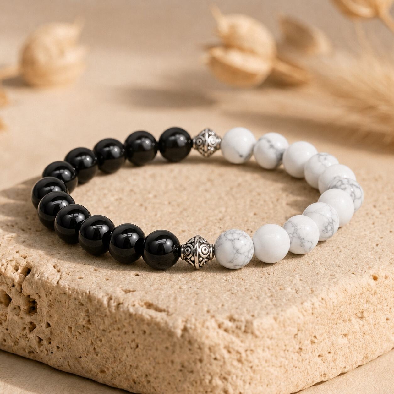 Bracelet "Anti-Tabac" en Agate Noire & Howlite Dépolie