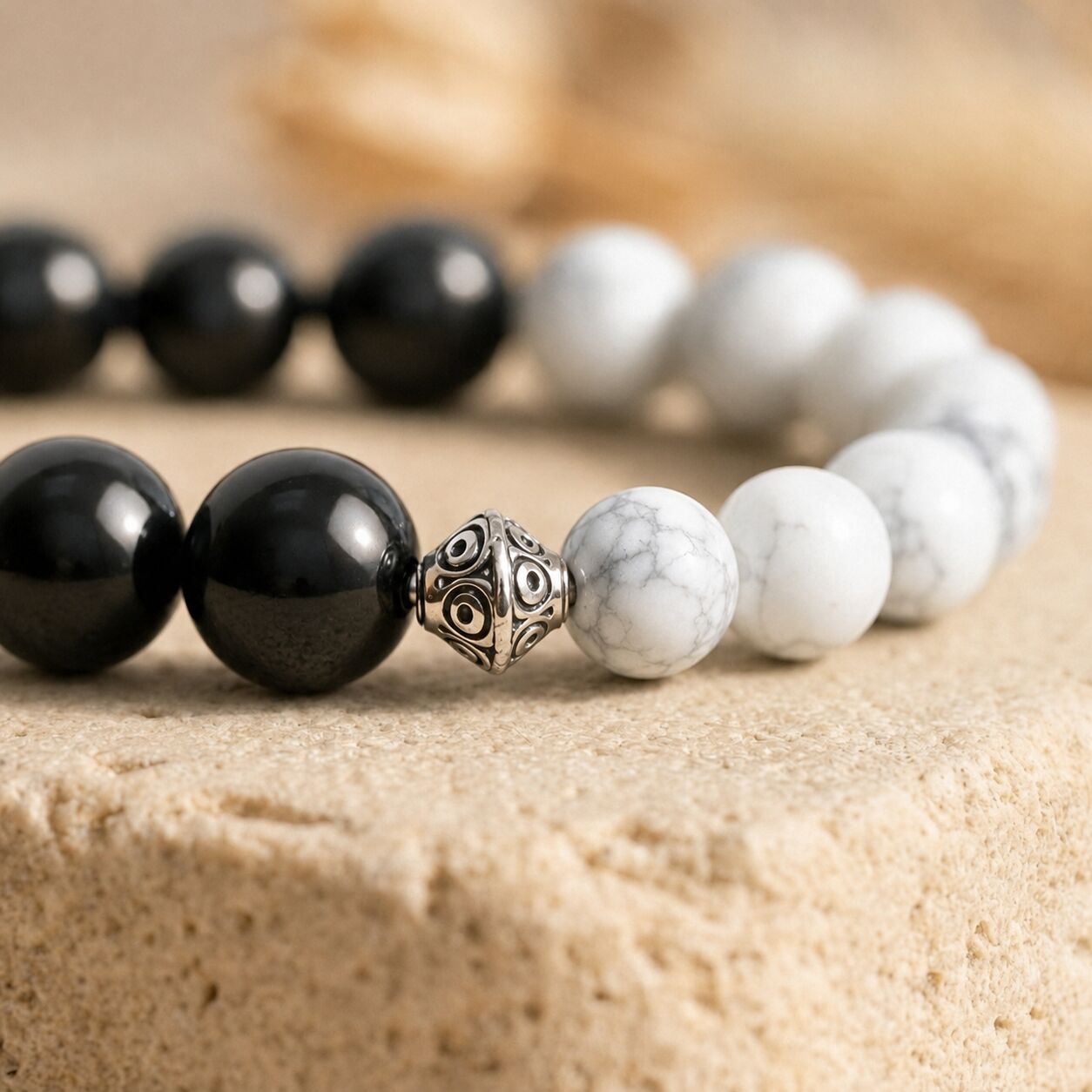 Bracelet "Anti-Tabac" en Agate Noire & Howlite Dépolie