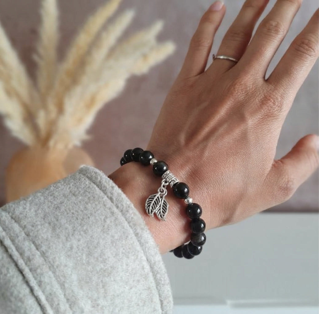 Bracelet "Absorption" en Tourmaline Noire & Feuille Argent 925 - Pièce de Bijouterie -
