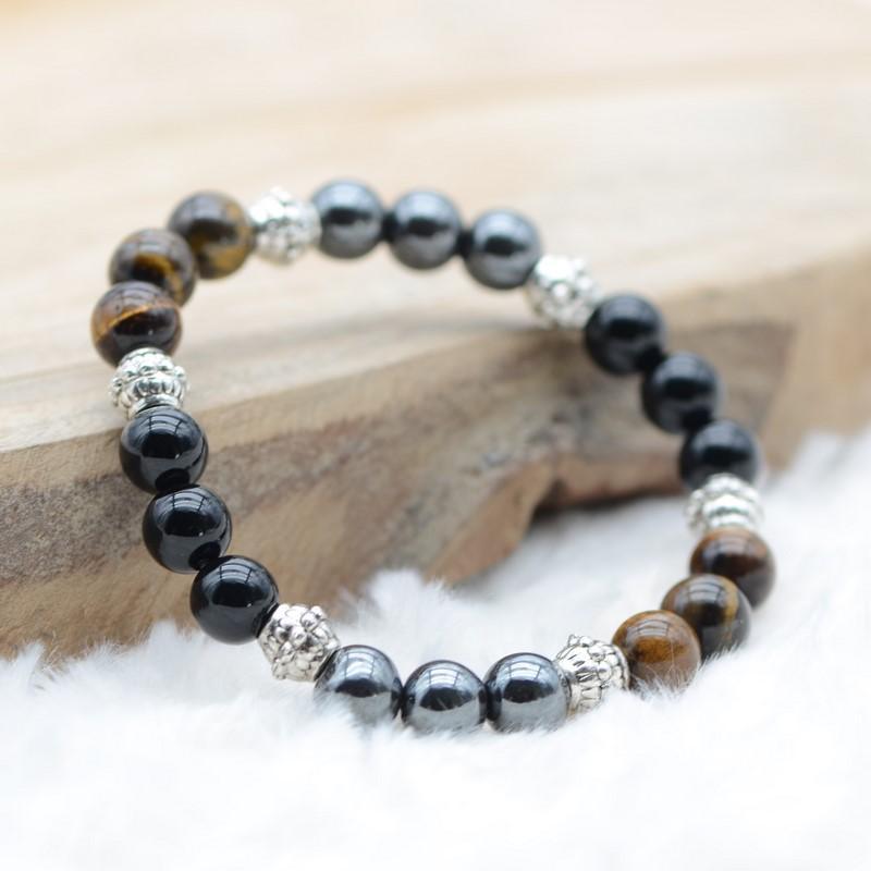 Bracelet "Protection Triple" en Hematite, Oeil-de-Tigre et Obsidienne Nouveau