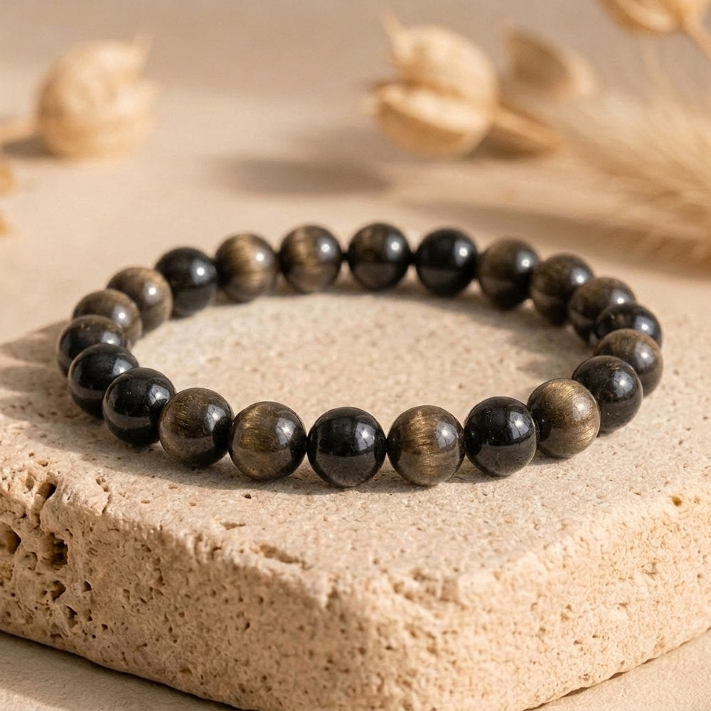 Bracelet "Bouclier" en Obsidienne Dorée