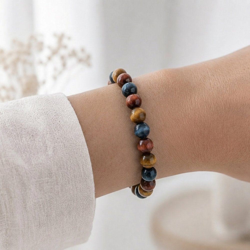 Bracelet "Oeil Triple" en Oeil-de-Tigre/Taureau/Céleste
