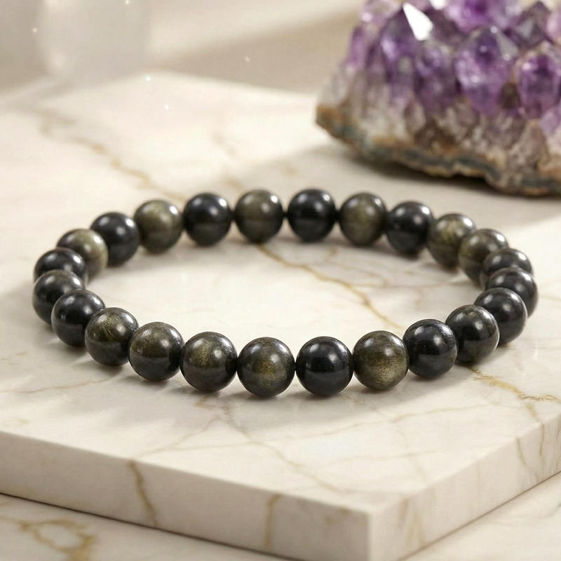 Bracelet "Bouclier" en Obsidienne Dorée