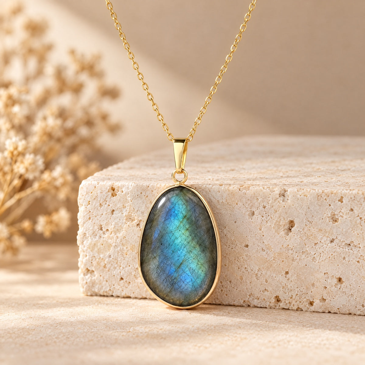 Cabochon de labradorite sur pierre de travertin - lespierresdubienetre