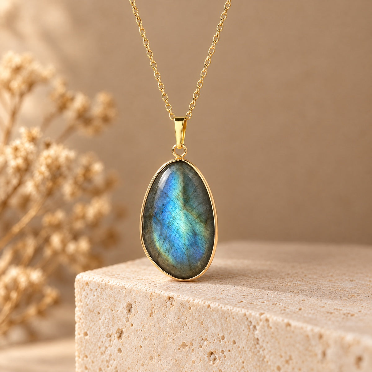 Pendentif labradorite et fleurs séchées - lespierresdubienetre