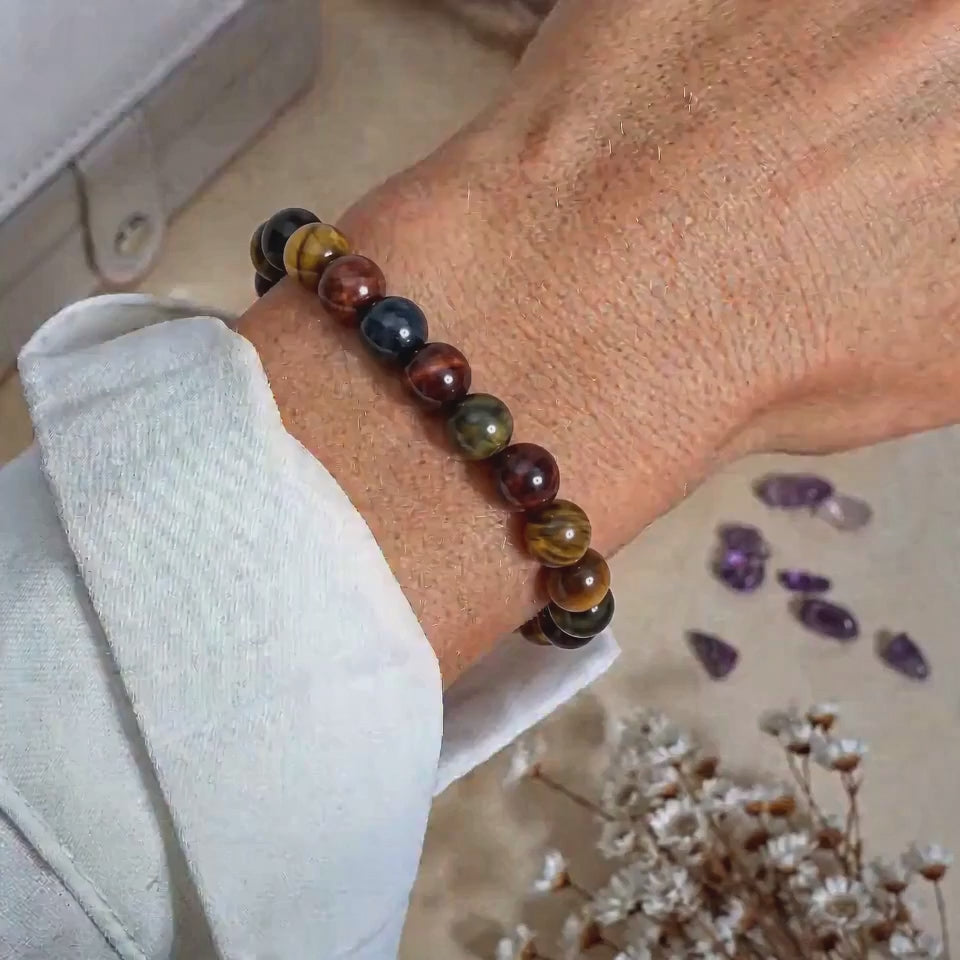 Bracelet "Oeil Triple" en Oeil-de-Tigre/Taureau/Céleste