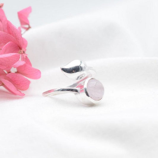 [RARE] Bague "Amour" Quartz Rose Feuille & Argent 925 - lespierresdubienetre