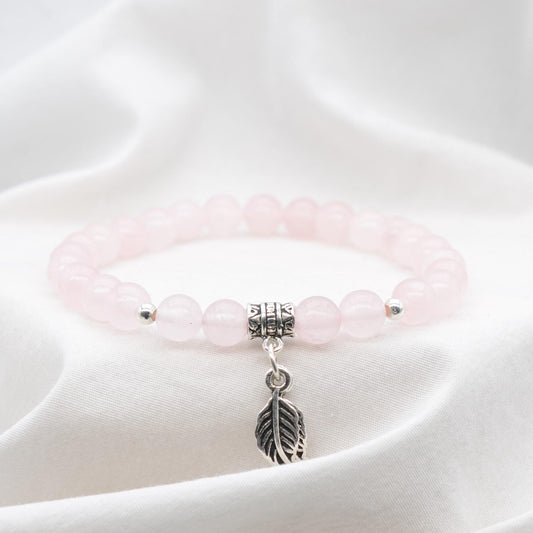 Bracelet "Amour" en Quartz Rose & Feuille Argent 925 - Pièce de Bijouterie - - lespierresdubienetre