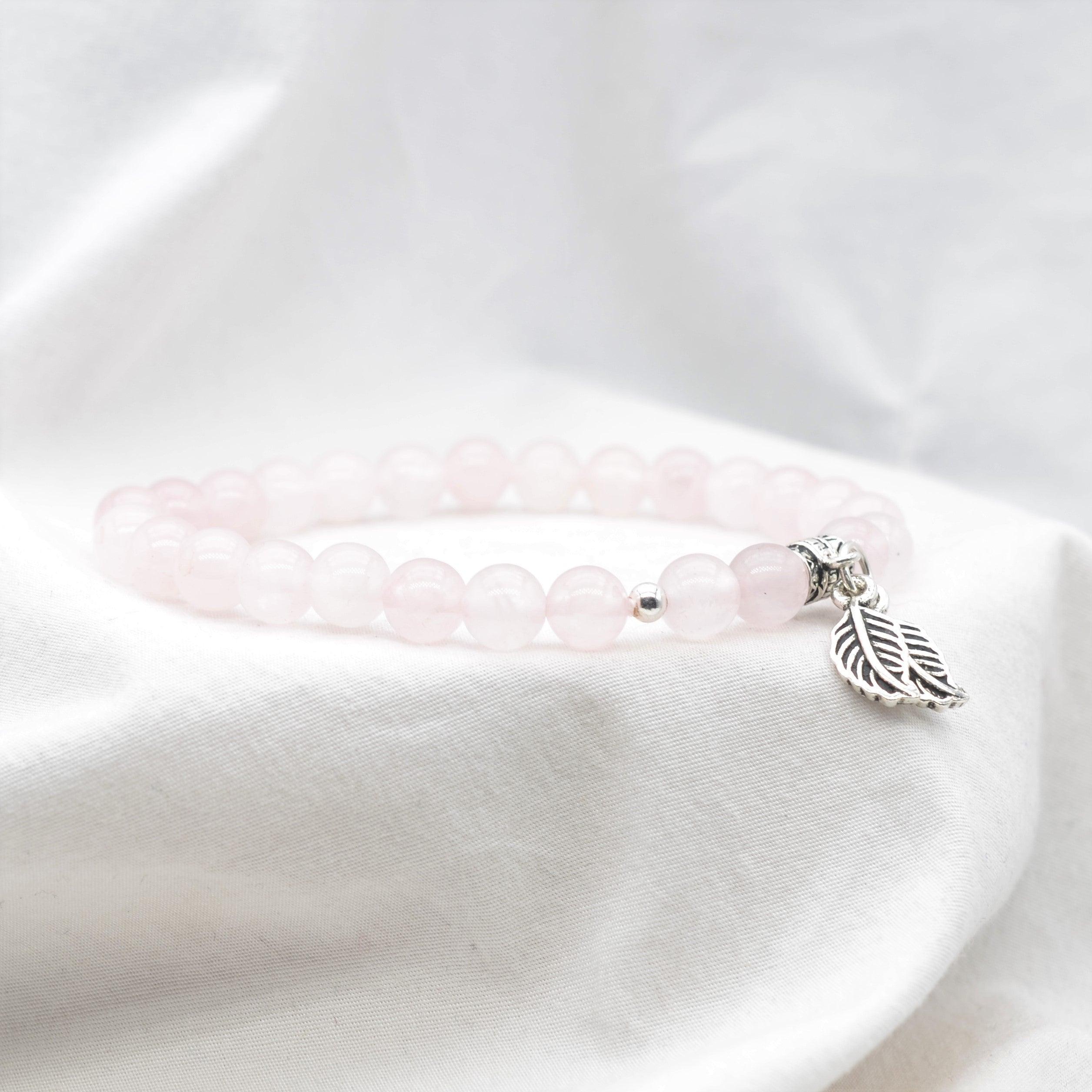 Bracelet "Amour" en Quartz Rose & Feuille Argent 925 - Pièce de Bijouterie - - lespierresdubienetre