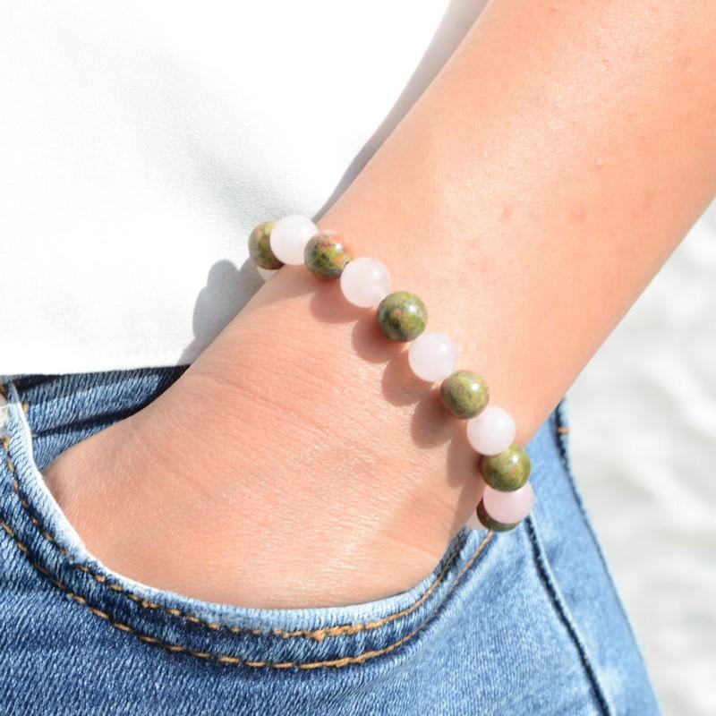 Bracelet "Amour et Apprentissage" Mix en Quartz Rose & Unakite - lespierresdubienetre