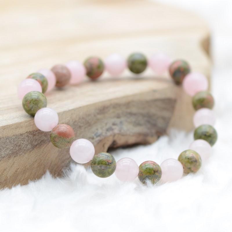 Bracelet "Amour et Apprentissage" Mix en Quartz Rose & Unakite - lespierresdubienetre