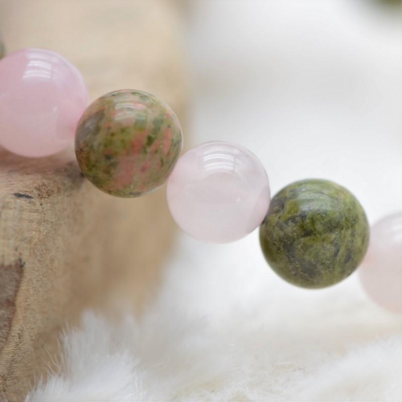 Bracelet "Amour et Apprentissage" Mix en Quartz Rose & Unakite - lespierresdubienetre