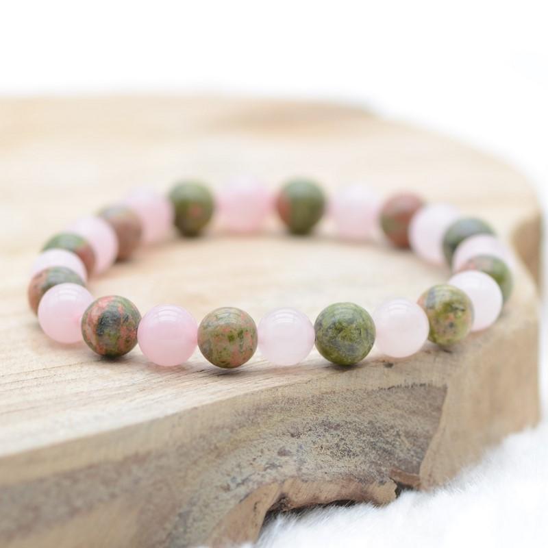 Bracelet "Amour et Apprentissage" Mix en Quartz Rose & Unakite - lespierresdubienetre