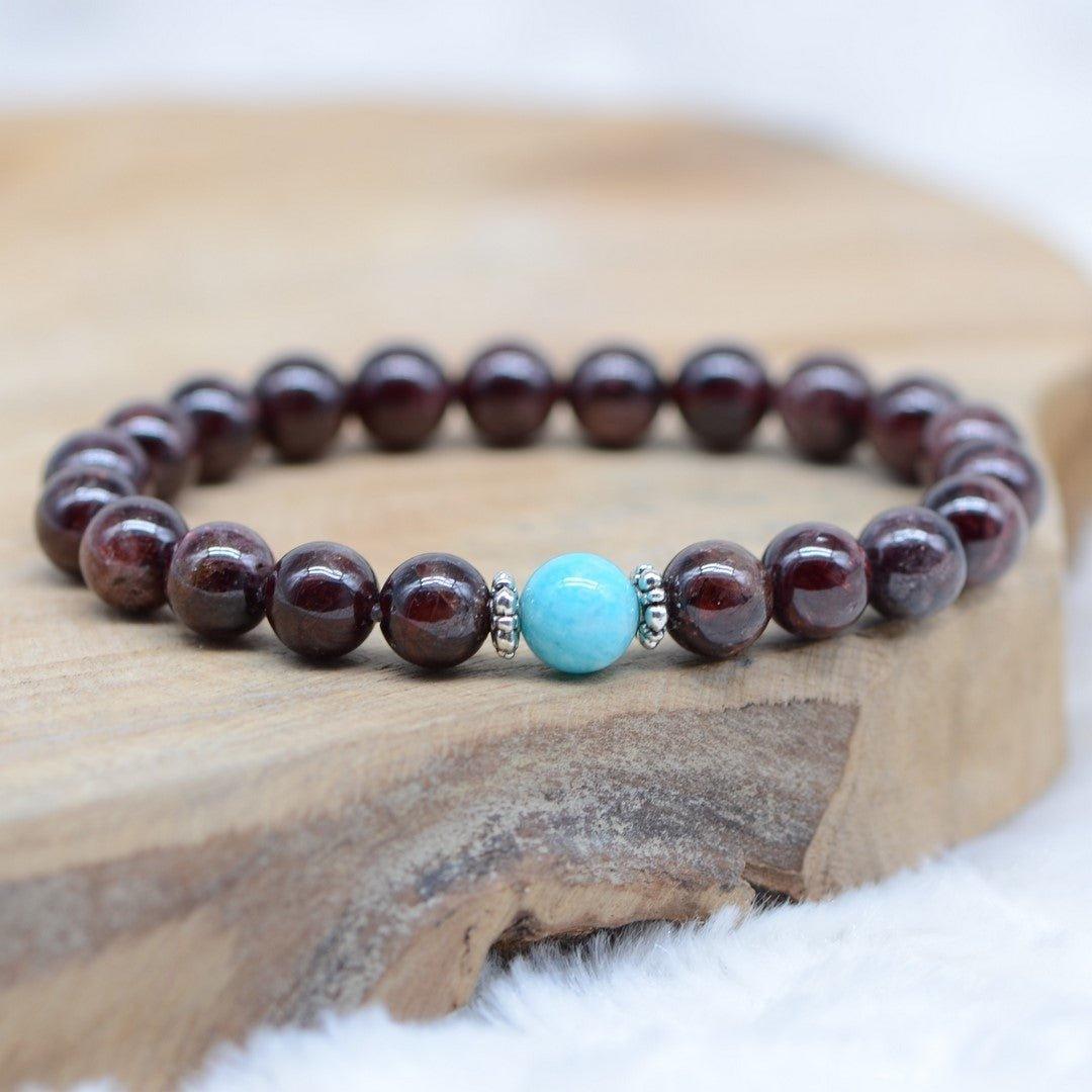 Bracelet "Ancrage et Relâchement" en Grenat & Amazonite - lespierresdubienetre