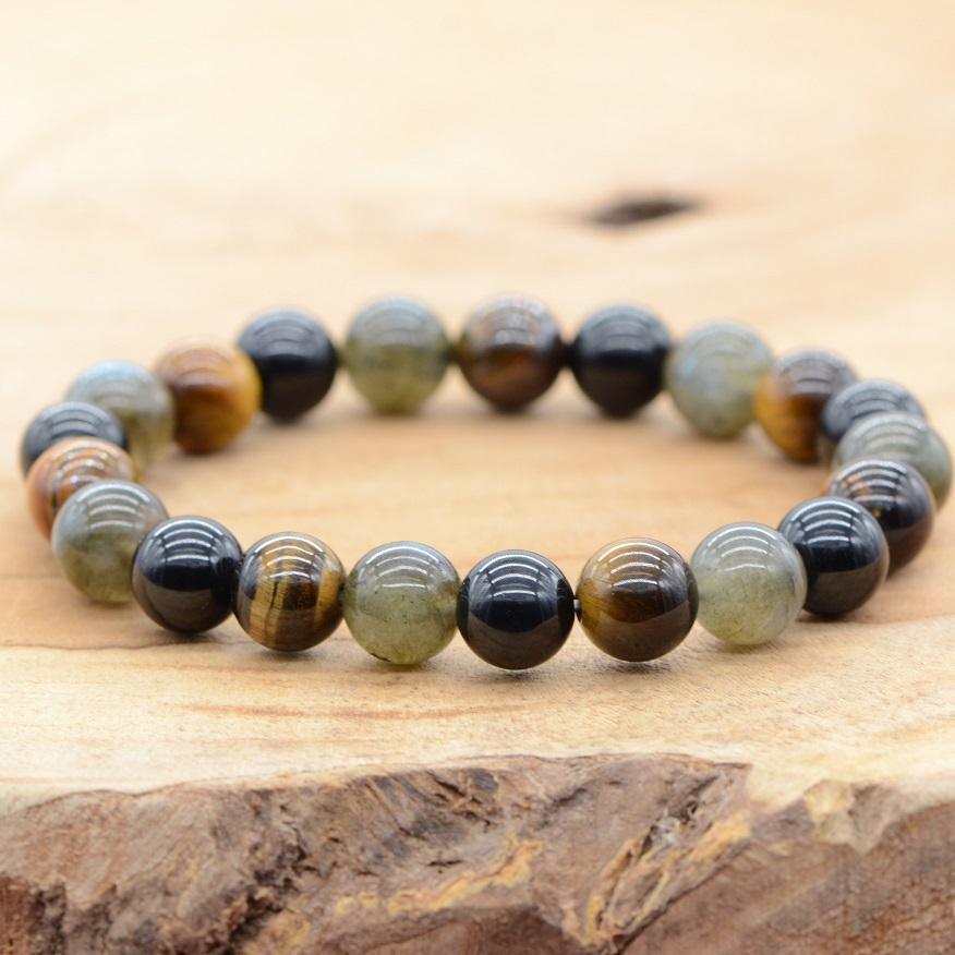 Bracelet "Confiance et Protection" Mix en Labradorite, Œil de Tigre & Tourmaline Noire - lespierresdubienetre