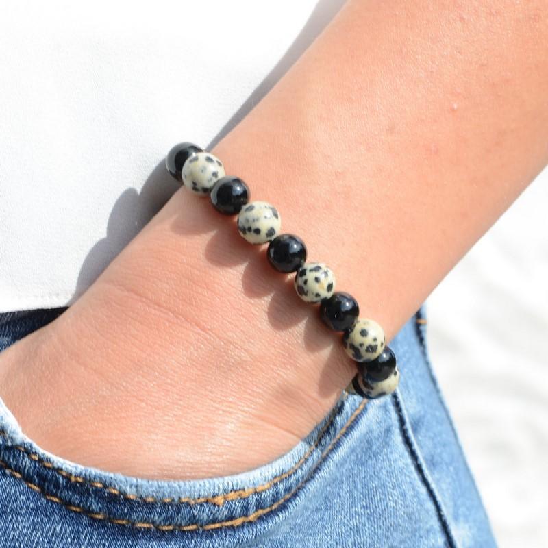 Bracelet "Force et Soulagement" Mix en Agate Noire & Jaspe Dalmatien - lespierresdubienetre