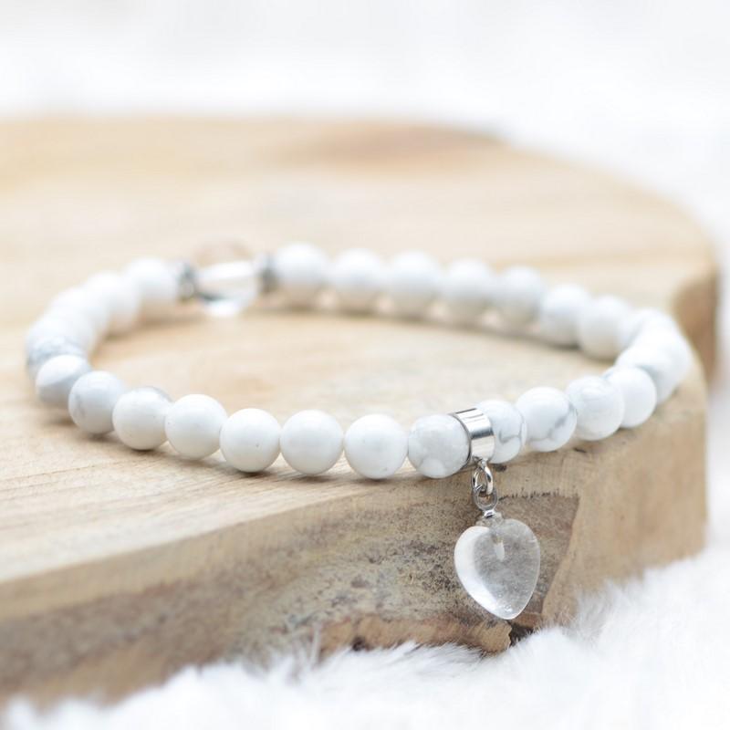 Bracelet "Patience" en Howlite (Cœur en Quartz) - lespierresdubienetre