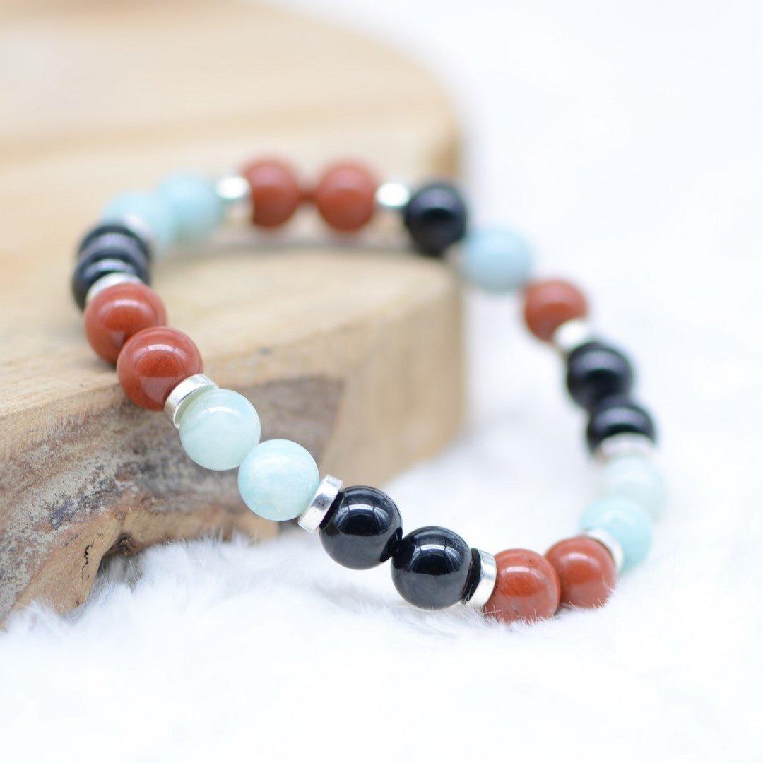 Bracelet "Protecteur, Apaisement & Absorption" en Jaspe Rouge, Amazonite & Tourmaline Noire - lespierresdubienetre