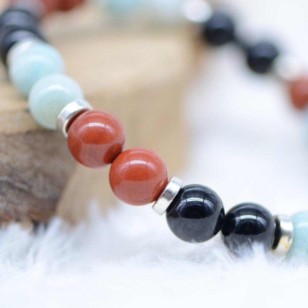 Bracelet "Protecteur, Apaisement & Absorption" en Jaspe Rouge, Amazonite & Tourmaline Noire - lespierresdubienetre