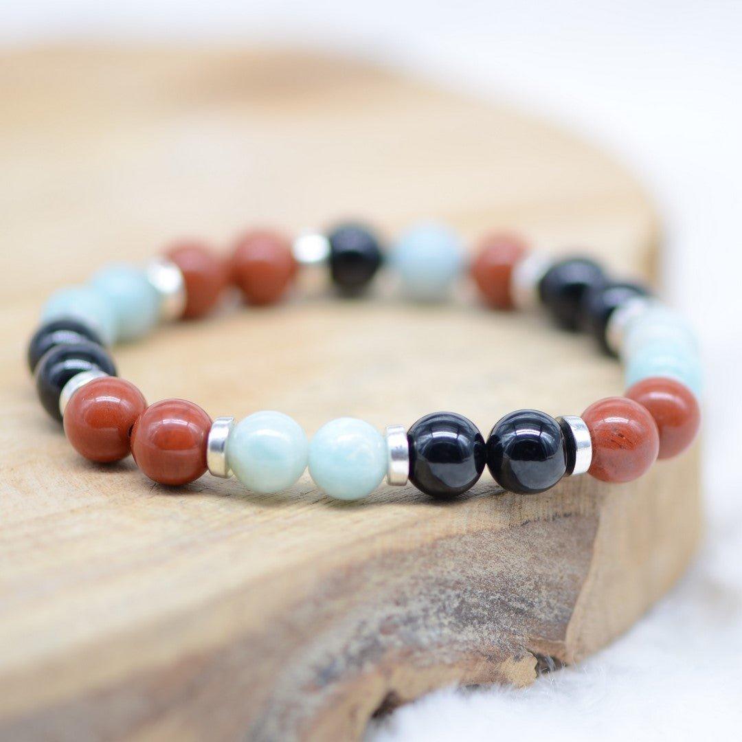 Bracelet "Protecteur, Apaisement & Absorption" en Jaspe Rouge, Amazonite & Tourmaline Noire - lespierresdubienetre